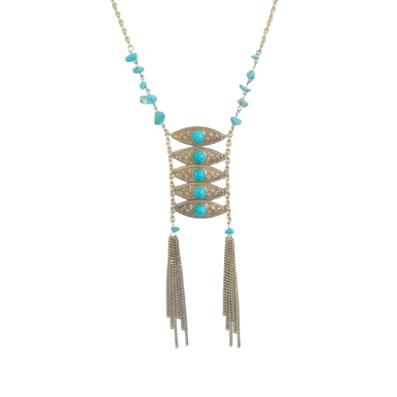 Shyanne Faux Turquoise and Gold Tone Tassel Necklace With Adjustable Length Chai - Picture 4 of 6